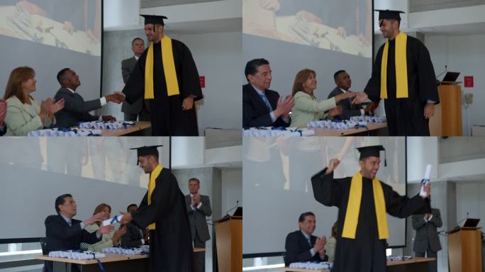 在毕业典礼上，骄傲的男学生收到毕业证书，与所有老师握手，然后举手看着同学