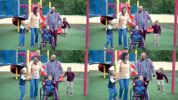 一家人在操场散步，坐轮椅的女孩，双胞胎男孩