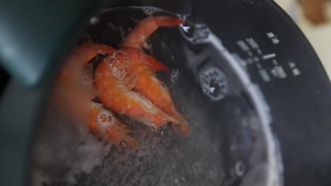 煮沸 锅 水 食材 虾 烹饪