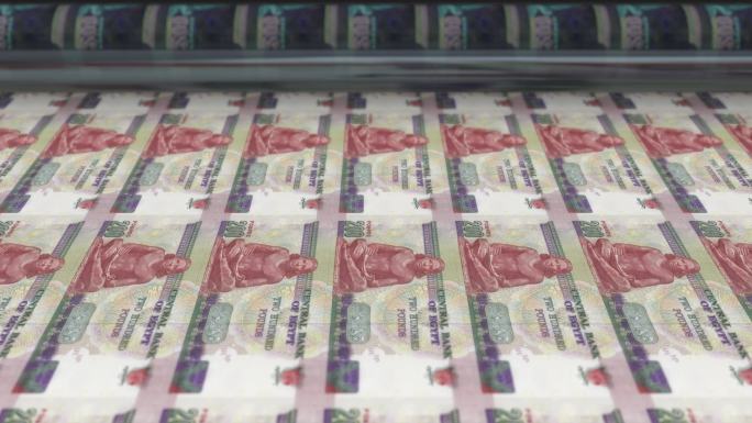 埃及，埃及镑印刷机打印当前200英镑钞票，无缝循环，埃及货币背景，4K，焦点深度