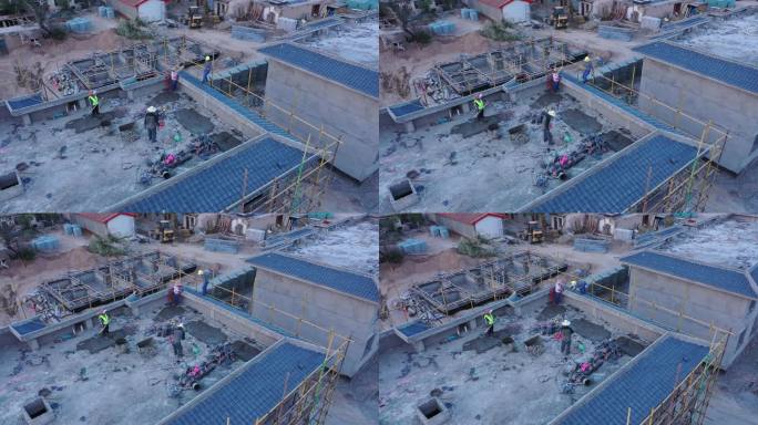 俯拍傍晚屋顶建筑工人