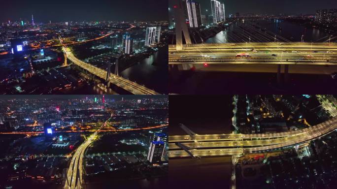 4K航拍广州洛溪大桥夜景合集