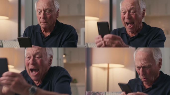 一位年长男性在家使用手机庆祝的4k视频片段