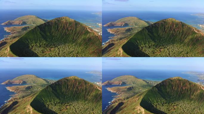 俯瞰夏威夷瓦胡岛哈努马湾的科科火山口上空