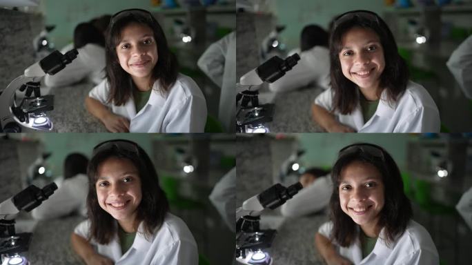在实验室使用显微镜拍摄的少女肖像