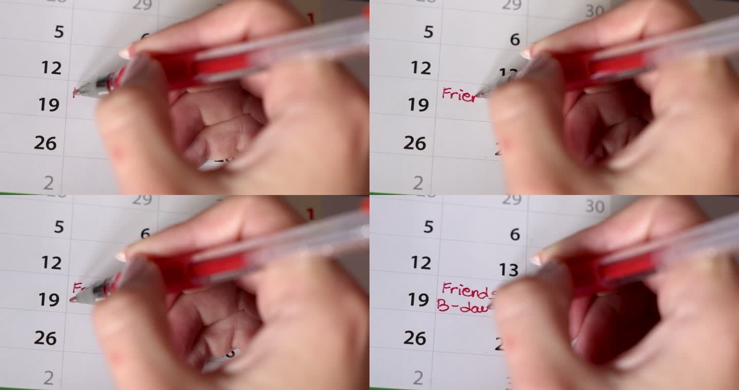 女性用红笔在日历上手写朋友的生日提醒