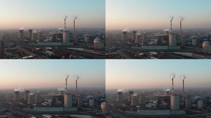 夕阳下钢铁厂的航空摄影