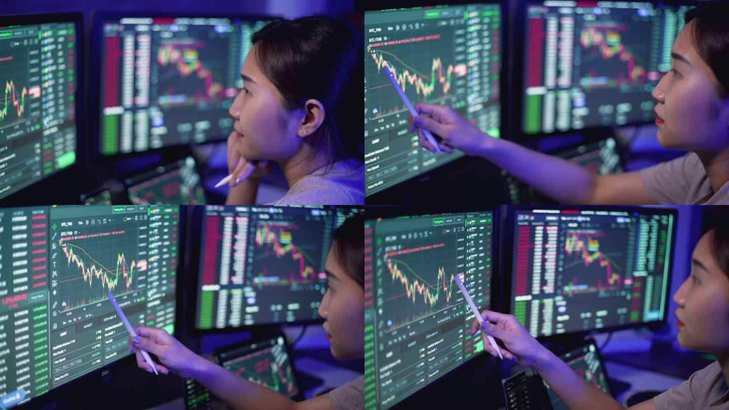 女商人股票经纪人在夜间工作，监控室显示加密货币、股票市场和交易所数据