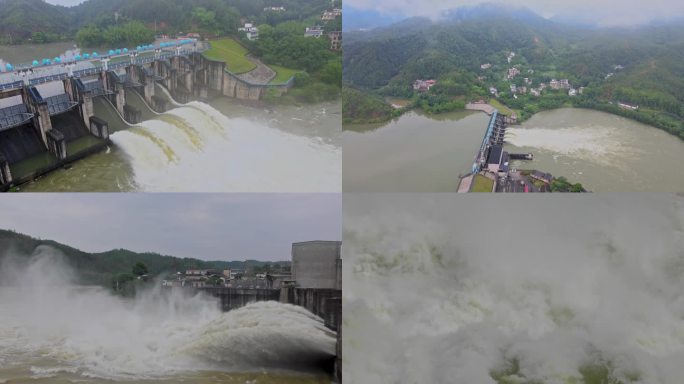 4K航拍电厂水库大坝开闸泄洪放水雨季洪水