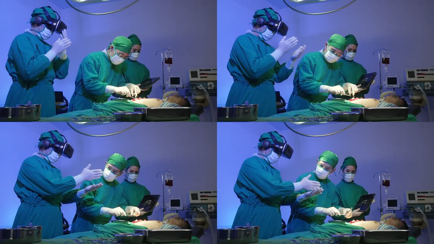 医生在手术室给病人做手术。使用虚拟现实眼镜。