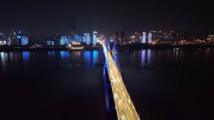 武汉夜景长江二桥夜景灯光秀环绕航拍