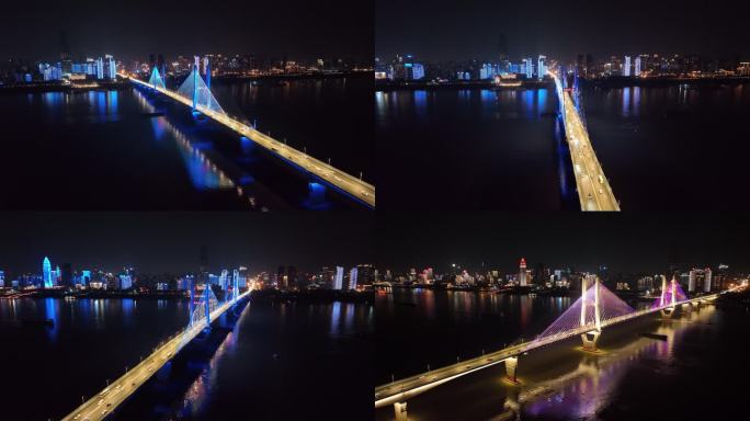 武汉夜景长江二桥夜景灯光秀环绕航拍