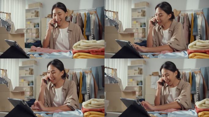 一名年轻的亚洲小企业主妇女正在使用手机接收订单，并在家中的平板电脑上查看库存。