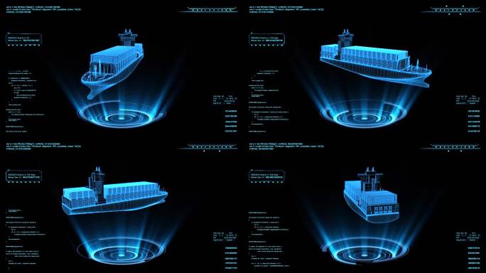 4K蓝色全息线框科技集装箱货船动画带通道