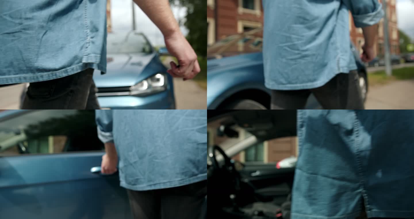 一个穿着黑色牛仔裤和蓝色衬衫的男人走到他那辆金属蓝色的车前，坐在车里，只看到他的身体的一部分