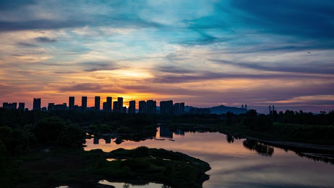 4K城市湿地晚霞延时