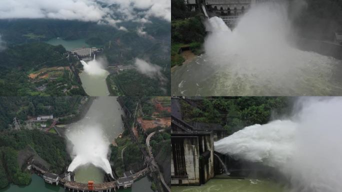 水库泄洪的壮观场面航拍和近距离镜头