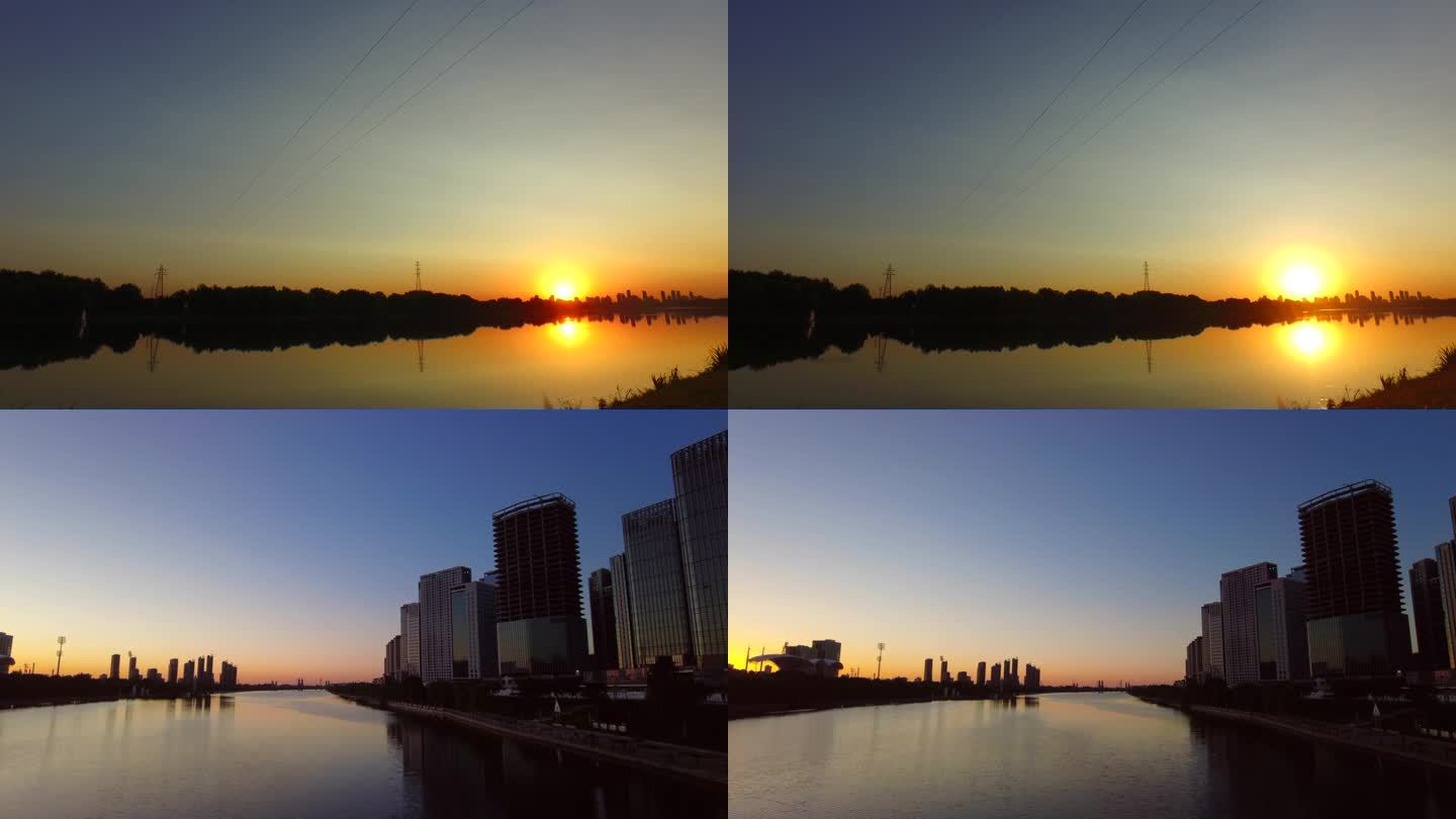 河边日出河边日出日出东方黎明剪影水边城市