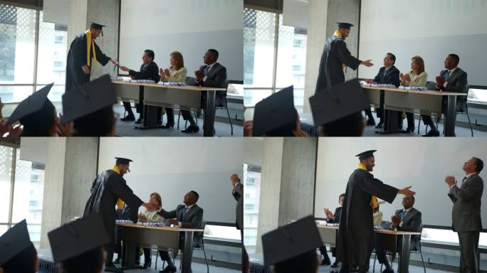 骄傲的男学生在毕业典礼上与老师和院长握手，同时领取毕业证书