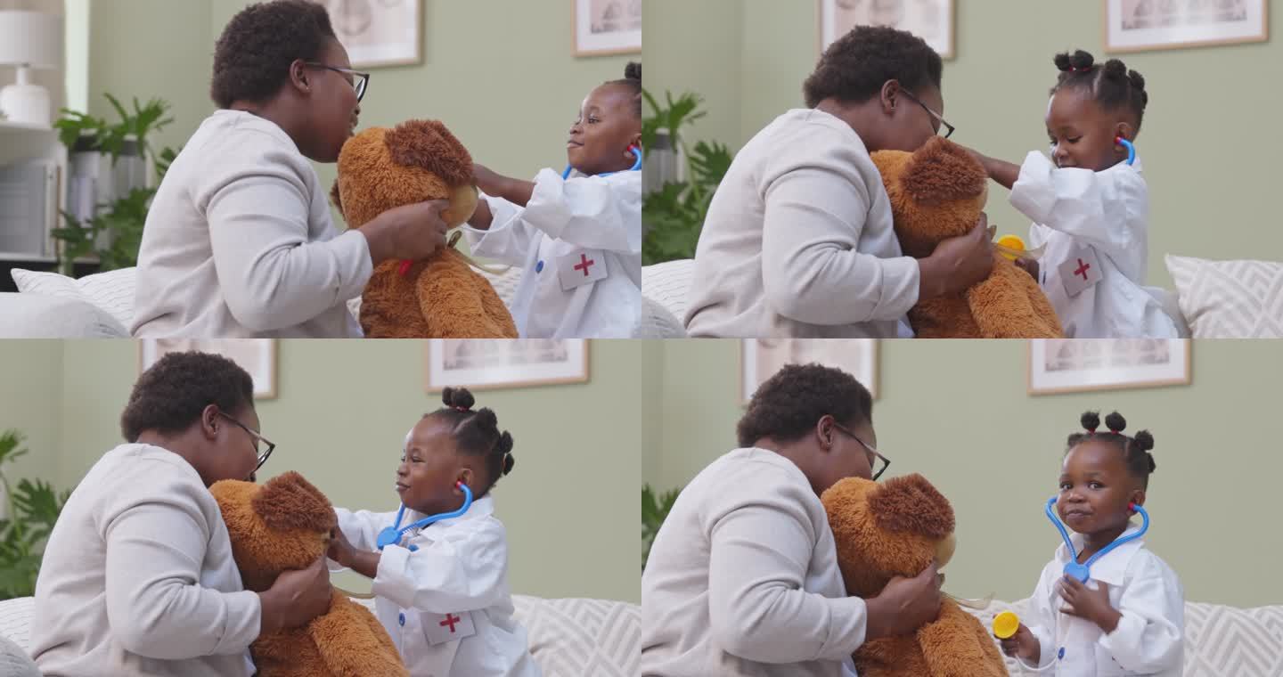 一个小女孩穿着医生服装在家里与母亲和泰迪熊玩耍的4k视频片段