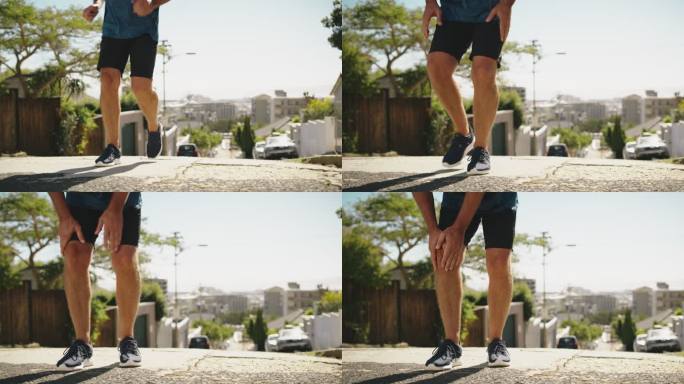 一位膝盖疼痛的老年男子，在例行锻炼时在户外跑步。有运动损伤和关节或腿部无力的成年男子特写镜头