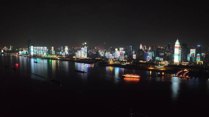武汉夜景汉口灯光秀航拍全景
