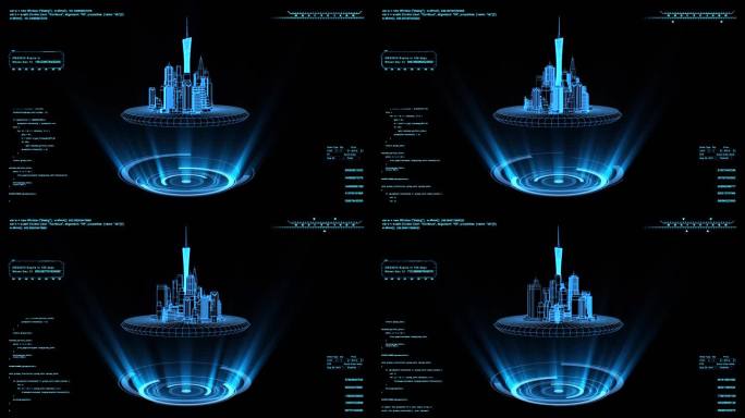 4K蓝色全息线框科技广州城市素材带通道