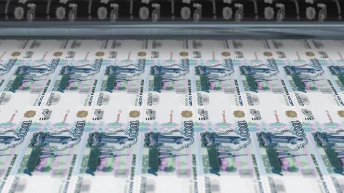 俄罗斯，俄罗斯卢布印刷机印刷当前1000卢布钞票，无缝循环，俄罗斯货币背景，4K，焦点深度