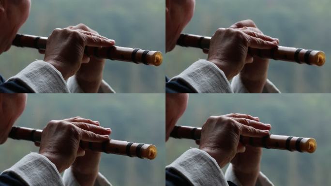 老人老房子演奏传统乐器笛子横笛双手皱纹