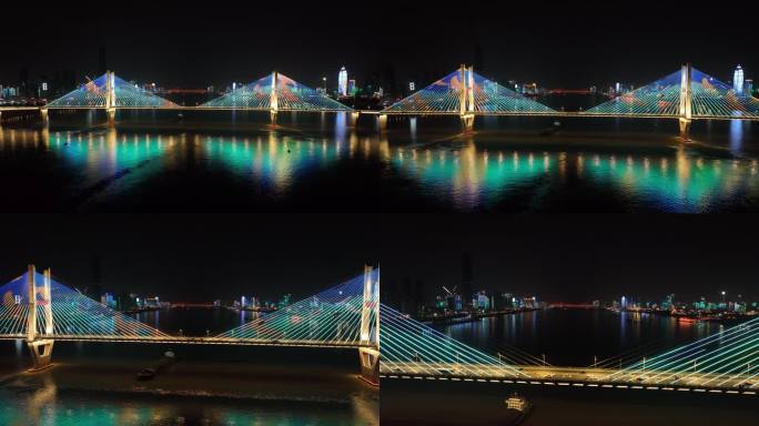 武汉夜景长江二桥灯光秀前推运镜航拍