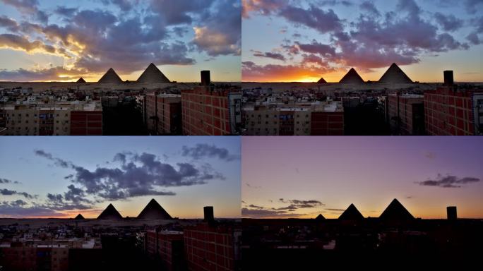 吉萨，埃及遗迹旧址夕阳西下夜幕降临