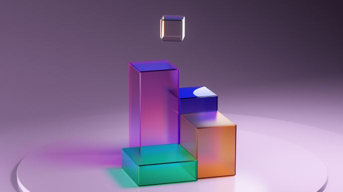 粉红色讲台上不同颜色的玻璃立方体的抽象3D动画。