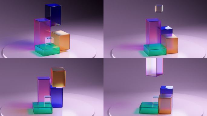 粉红色讲台上不同颜色的玻璃立方体的抽象3D动画。