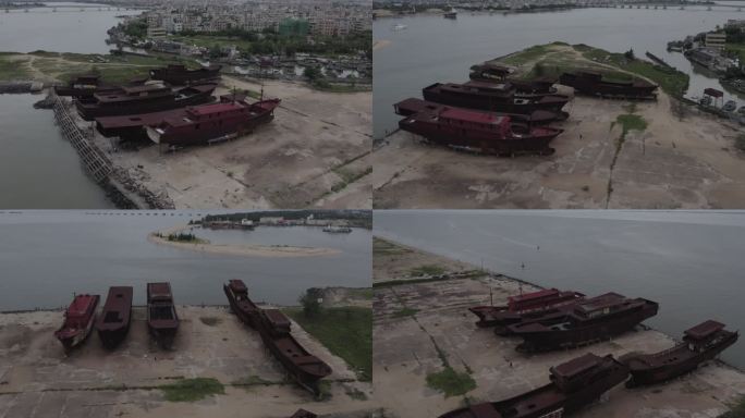 船厂废弃船只航拍高清素材