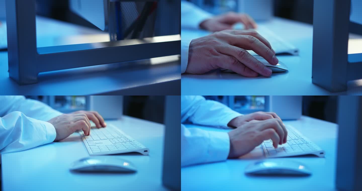 在现代实验室里，实验室助理在电脑前工作到很晚，在键盘上打字