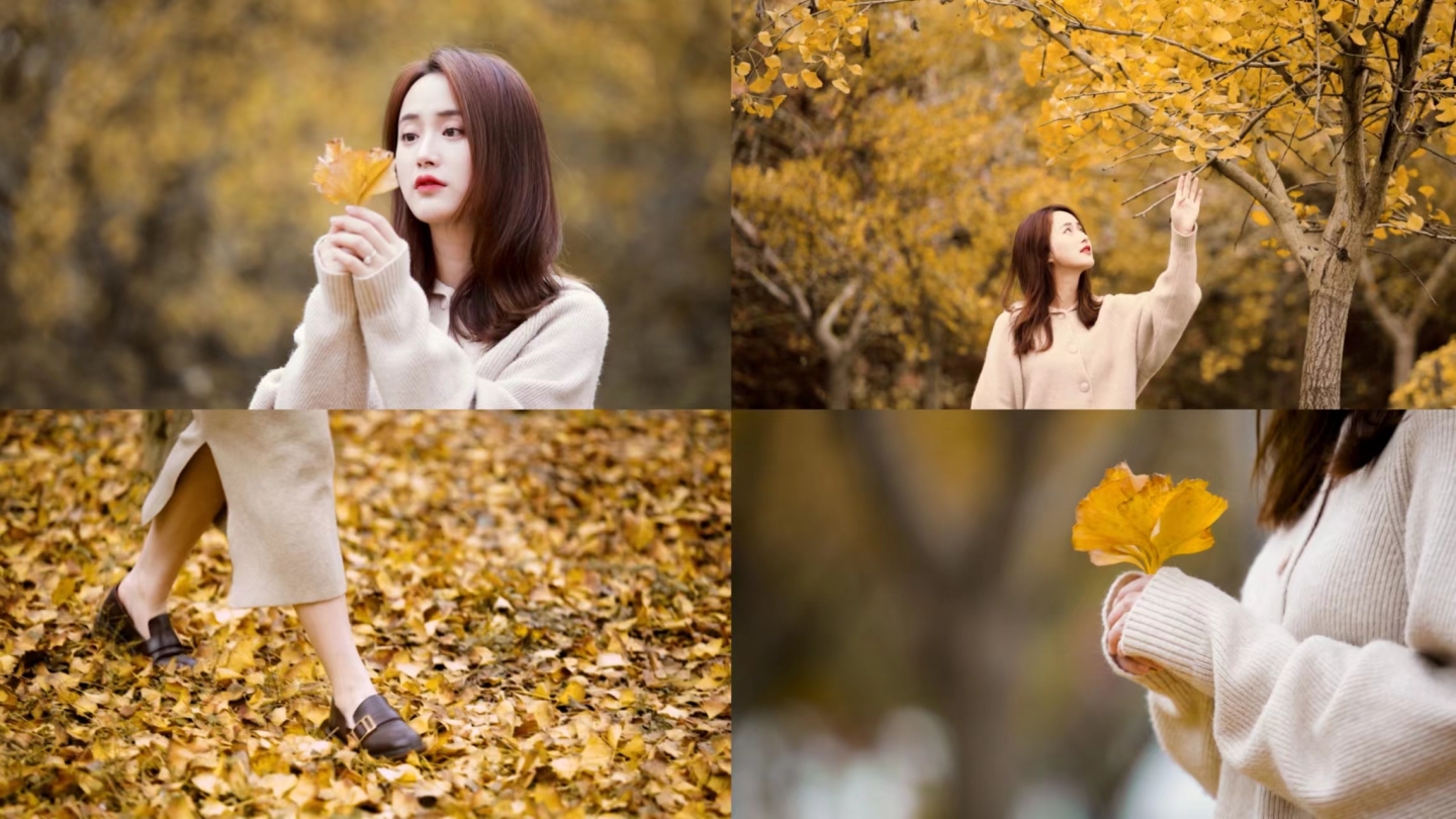年轻女子在秋日金黄的银杏树林