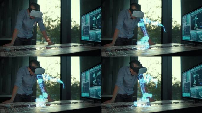 未来派男性工程师戴着虚拟现实眼镜，与未来派全息工业技术机器人手臂控制、未来派工业理念一起工作。