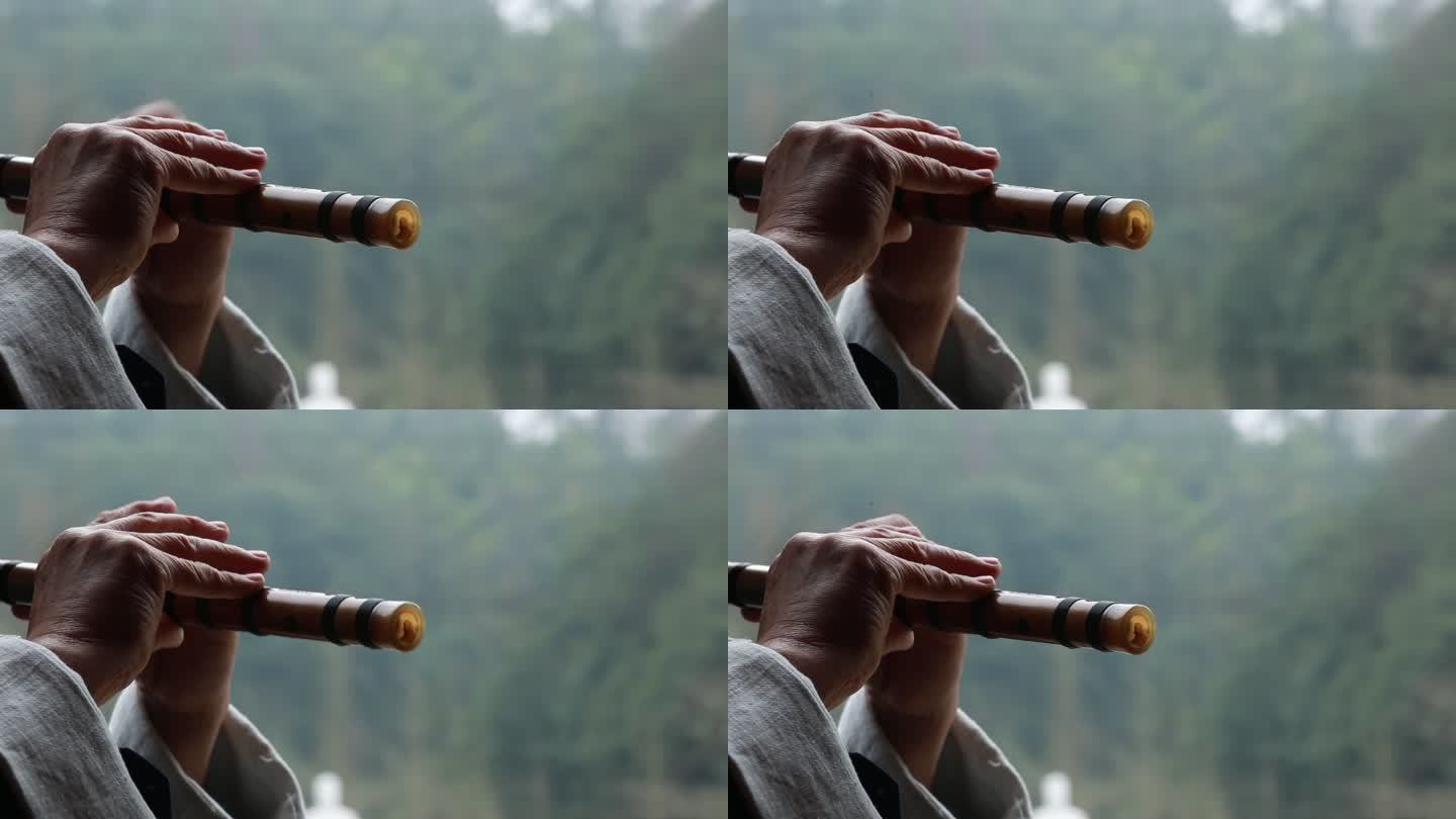老人皱纹双手演奏传统乐器笛子横笛特写实拍