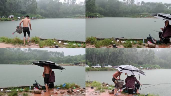 雨中钓鱼冒雨垂钓的发烧友雨中鱼塘钓鱼比赛