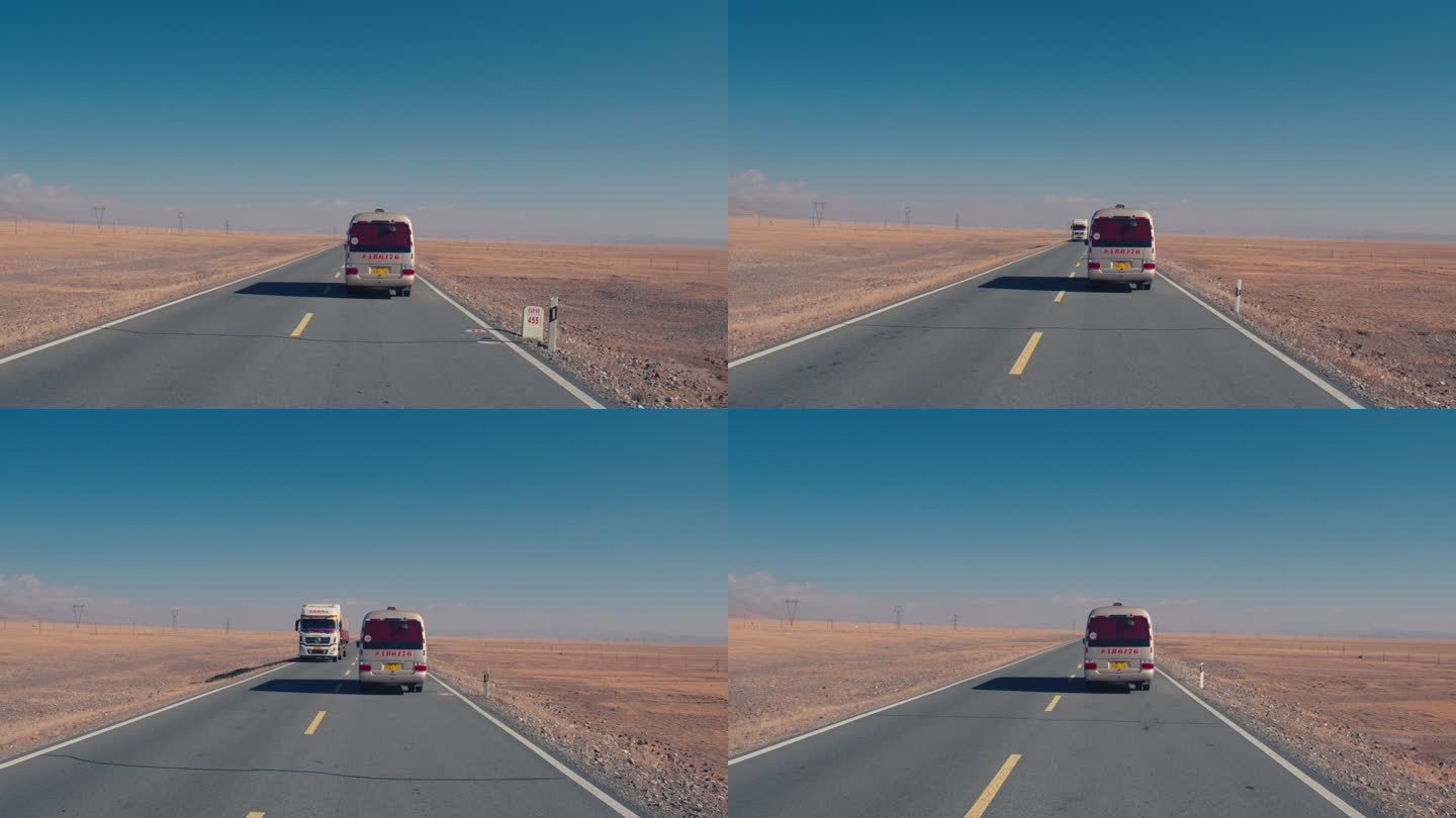 新疆秋天的荒凉公路、跟车会车
