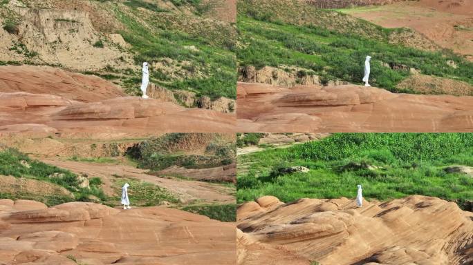 女孩在山顶行走