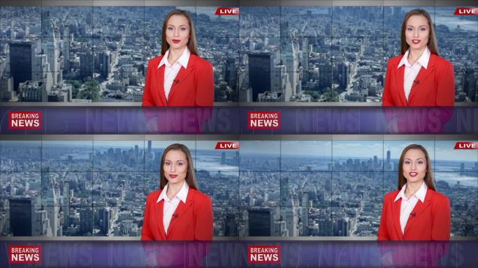 4K视频：女新闻播音员在电视演播室阅读突发新闻-纽约