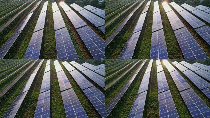 航拍山坡太阳能板光伏基地发电站