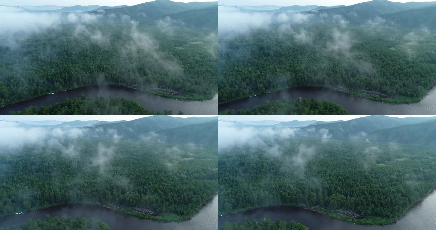 航拍大兴安岭森林河流晨雾