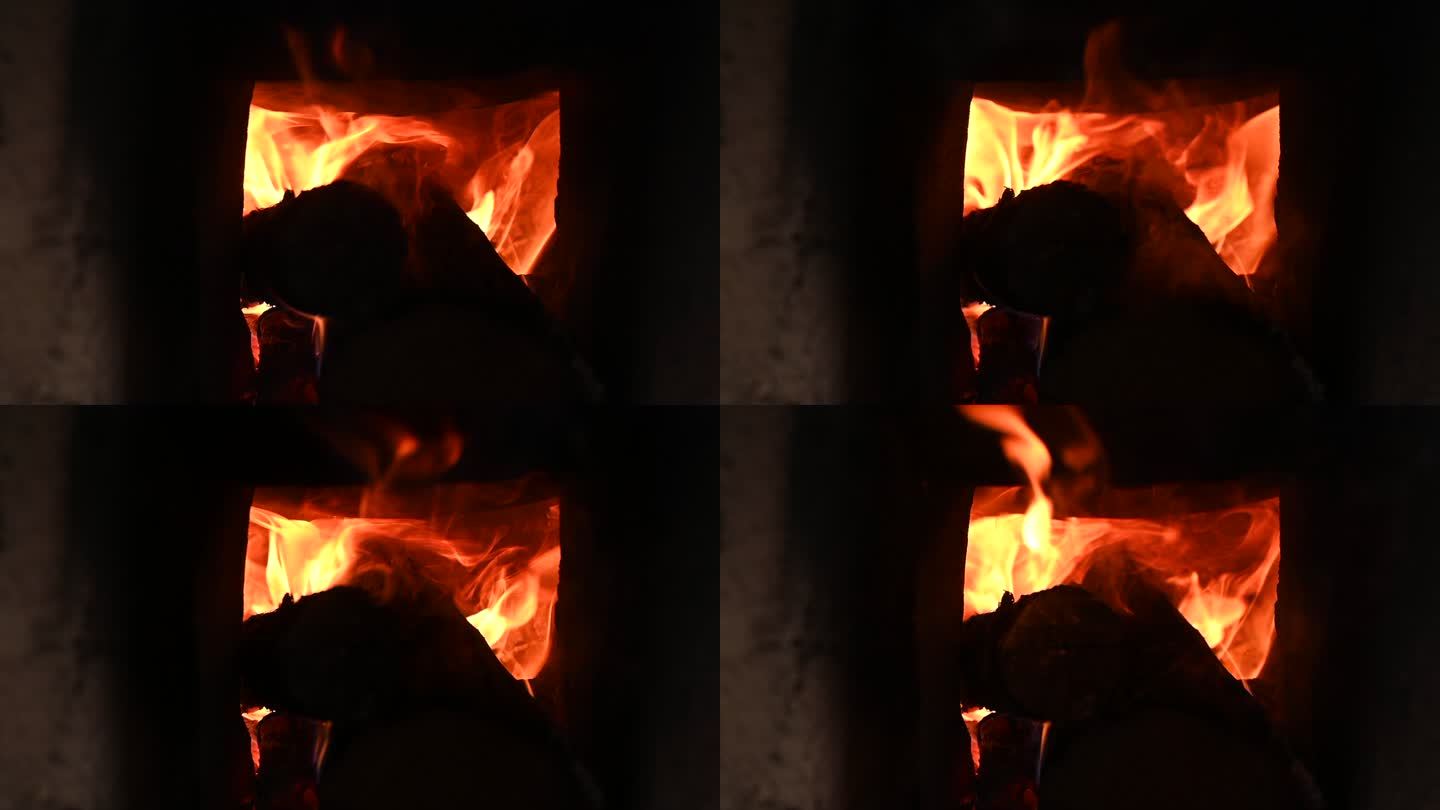 炉膛里木材燃烧的火焰