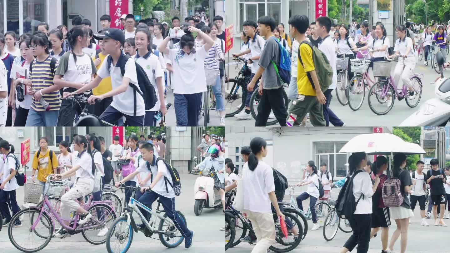 疫情前中学门口中学生同学放学骑自行车回家