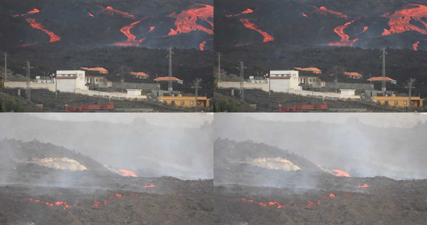 熔岩流摧毁了“天堂”，来自塔朱亚，拉帕尔马。老山顶的火山爆发。10 18 2021