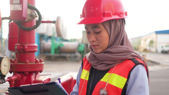 工程师：穆斯林妇女在工厂大楼工作