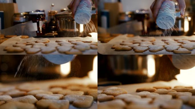 厨师撒上糖粉装饰饼干