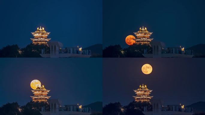 义乌中秋节鸡鸣阁古建筑红月亮夜景延时